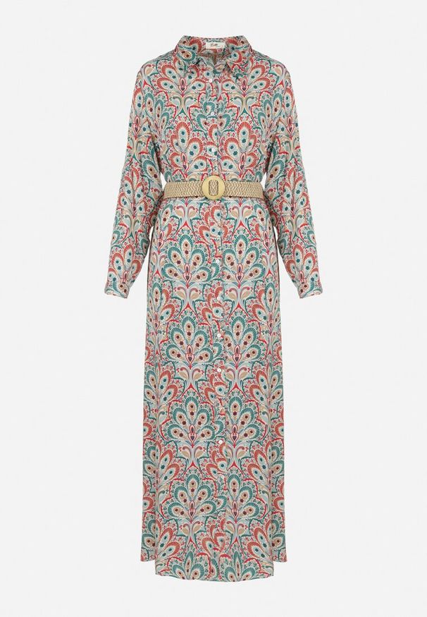 Born2be - Czerwono-Niebieska Sukienka z Guzikami i Plecionym Paskiem z Klamrą Aralty. Kolor: zielony. Długość rękawa: długi rękaw. Sezon: wiosna, lato. Typ sukienki: koszulowe