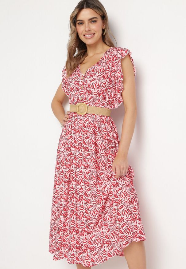 Born2be - Czerwona Sukienka Bawełniana z Gumką w Talii i Mozaikowym Wzorem Indaria. Kolor: czerwony. Materiał: bawełna