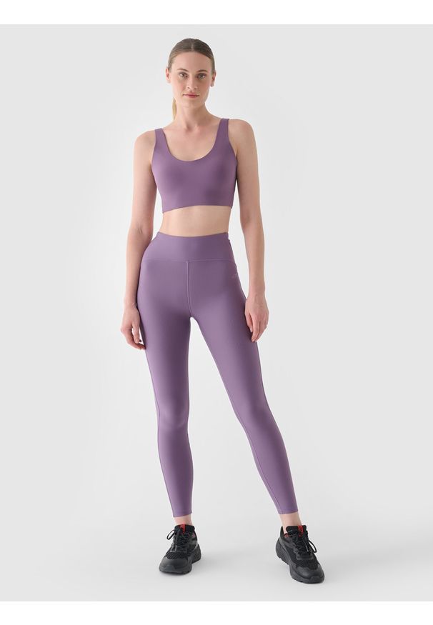 4f - 4F Legginsy treningowe z wysokim stanem damskie - fioletowe L. Stan: podwyższony. Kolor: fioletowy. Materiał: włókno, elastan, dzianina, materiał, syntetyk. Wzór: jednolity. Sport: fitness