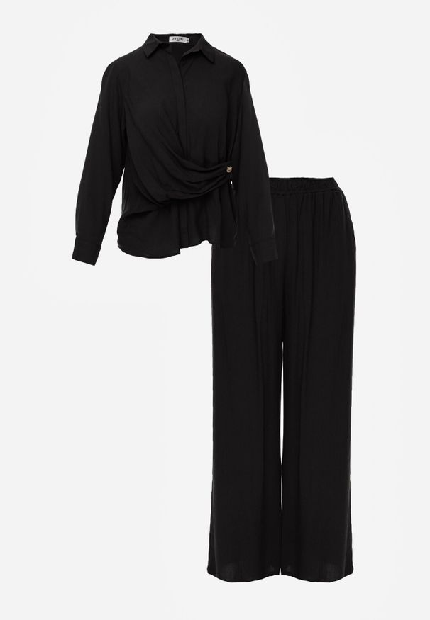 Born2be - Czarny Wiskozowy Komplet Asymetryczna Koszula i Spodnie z Kieszeniami Moneia. Kolor: czarny. Materiał: wiskoza