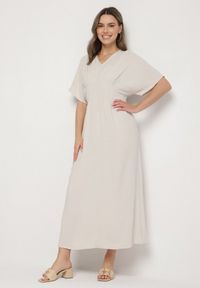 Born2be - Jasnobeżowa Sukienka z Bawełną i Górą w Stylu Nietoperza Filenia. Okazja: na co dzień. Kolor: beżowy. Materiał: bawełna. Styl: casual