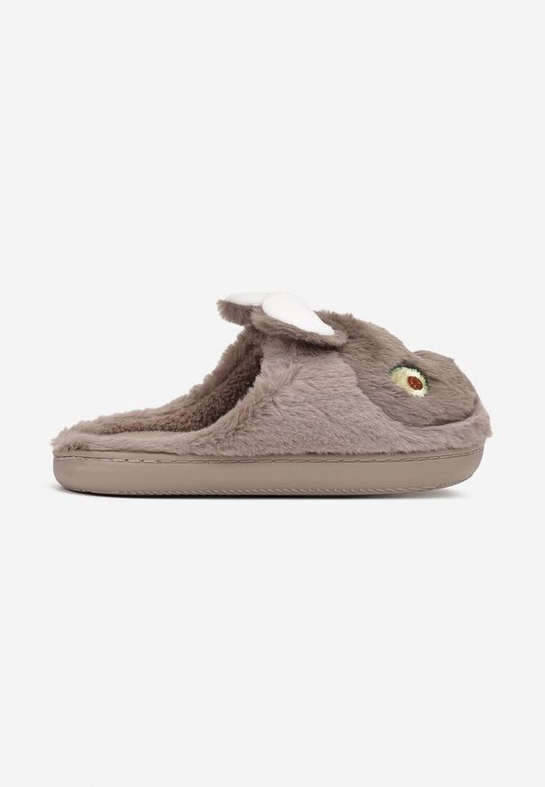 Born2be - Ciemnobeżowe Pluszowe Kapcie z Królikiem Riui. Okazja: do domu. Nosek buta: okrągły. Kolor: beżowy. Materiał: guma, futro. Wzór: aplikacja