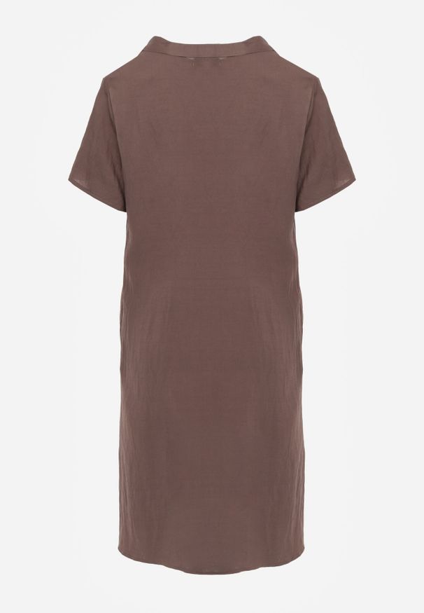 Born2be - Brązowa Wiskozowa Sukienka o Pudełkowym Kroju z Dekoltem V z Guzikami Berborin. Okazja: do pracy, na co dzień. Kolekcja: plus size. Kolor: brązowy. Materiał: wiskoza. Typ sukienki: proste, dla puszystych. Styl: klasyczny, casual