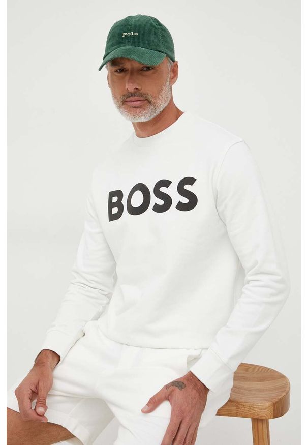 BOSS Orange - Boss Orange bluza bawełniana męska kolor beżowy z nadrukiem. Kolor: beżowy. Materiał: bawełna. Wzór: nadruk
