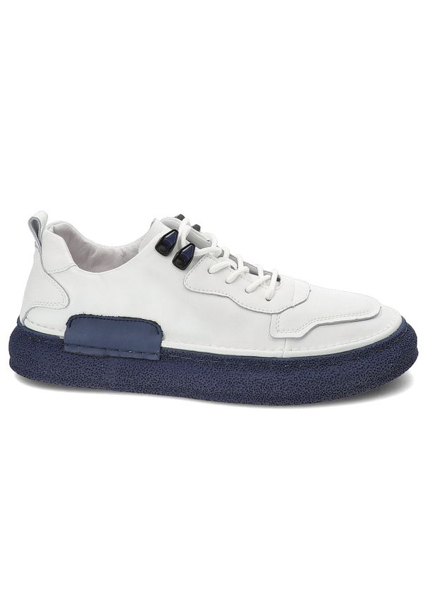Biało-Granatowe Sneakersy Artiker Stylowe Obuwie Męskie. Okazja: na co dzień. Kolor: biały. Materiał: skóra, guma. Szerokość cholewki: normalna