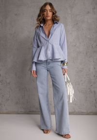 Renee - Niebieska Koszula z Baskinką z Bawełną Zdobiona Wzorem w Drobne Paski Merithara. Kolor: niebieski. Materiał: bawełna. Długość rękawa: długi rękaw. Długość: długie. Wzór: aplikacja, paski #3