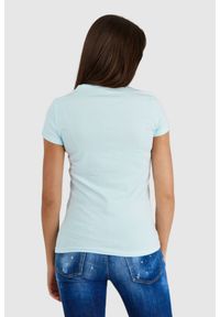 Guess - GUESS Błękitny t-shirt damski z logo z liśćmi i cyrkoniami, Rozmiar L. Typ kołnierza: dekolt w serek. Kolor: niebieski. Materiał: bawełna. Wzór: kwiaty #2
