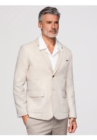 Ombre Clothing - Męska marynarka o kroju REGULAR z lnem - kremowa V1. Okazja: do pracy. Kolor: kremowy. Materiał: len. Wzór: aplikacja. Styl: elegancki, klasyczny