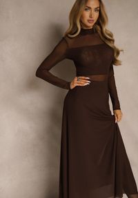 Renee - Brązowa Rozkloszowana Sukienka Longsleeve z Siateczki z Dodatkiem Wiskozy Eprella. Okazja: na randkę. Typ kołnierza: kołnierzyk stójkowy. Kolor: brązowy. Materiał: wiskoza. Długość rękawa: długi rękaw. Styl: elegancki #4