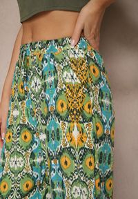 Renee - Zielone Bawełniane Spodnie High Waist Szerokie we Wzór Boho Tolioria. Okazja: do pracy, na co dzień. Stan: podwyższony. Kolor: zielony. Materiał: bawełna. Styl: boho