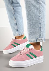 Renee - Różowe Sneakersy Basic na Niskiej Platformie Beliscia. Okazja: na co dzień. Kolor: różowy. Materiał: jeans. Obcas: na platformie #3