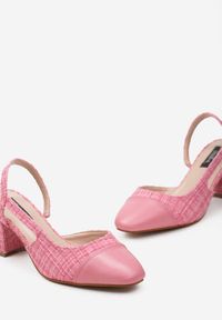 Born2be - Różowe Tweedowe Czółenka na Słupku z Odkrytą Piętą Hortiana. Nosek buta: okrągły. Kolor: różowy. Materiał: materiał. Sezon: lato. Obcas: na słupku. Styl: klasyczny. Wysokość obcasa: średni #2