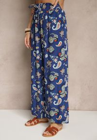 Renee - Niebieskie Bawełniane Spodnie Boho w Stylu Palazzo z Gumką w Pasie i Wysokim Stanem Pravia. Okazja: na co dzień. Stan: podwyższony. Kolor: niebieski. Materiał: bawełna. Styl: boho #4