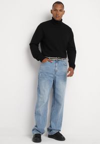 Born2be - Niebieskie Szerokie Jeansy z Bawełny Ozdobione Paskiem Lerillis. Okazja: na co dzień. Kolor: niebieski. Wzór: aplikacja. Styl: elegancki, casual #5