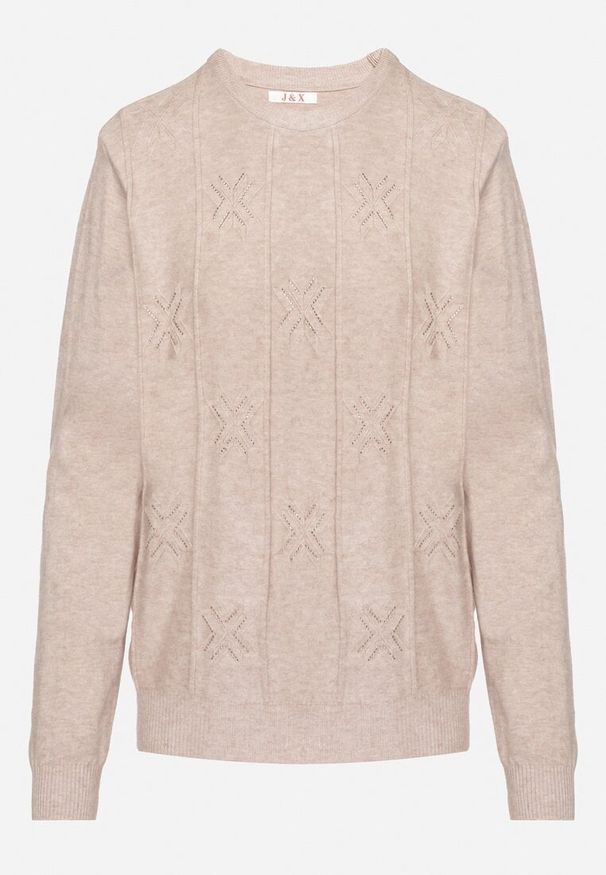 Born2be - Beżowy Sweter z Bawełną Ozdobiony Cyrkoniami Irinaelle. Okazja: na co dzień. Kolor: beżowy. Materiał: bawełna. Wzór: aplikacja. Styl: klasyczny, elegancki, casual