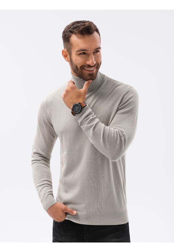 Ombre Clothing - Sweter męski z golfem E179 - jasnoszary - XXL. Typ kołnierza: golf. Kolor: szary. Materiał: nylon, wiskoza
