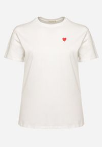 Born2be - Biały Bawełniany T-shirt Ozdobiony Sercem Tolianee. Okazja: na co dzień. Kolor: biały. Materiał: bawełna. Wzór: aplikacja. Styl: klasyczny, casual