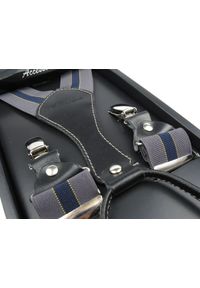 Modini - Szare szelki męskie z granatowym paskiem SZ32. Kolor: szary, wielokolorowy, niebieski. Materiał: skóra, guma. Wzór: prążki #1