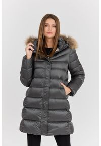 Hetrego - HETREGO Szara damska kurtka puchowa Leonie Quilted Woman Jacket With Detached Hood, Rozmiar 42 EU - 46 IT. Okazja: na co dzień. Kolor: szary. Materiał: puch. Długość rękawa: długi rękaw. Długość: długie. Styl: casual