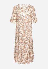 Born2be - Ciemnobeżowa Sukienka z Wiskozy o Prostym Kroju z Wiązaniem w Roślinny Wzór Edirania. Okazja: na co dzień. Typ kołnierza: dekolt w serek. Kolekcja: plus size. Kolor: beżowy. Wzór: aplikacja. Typ sukienki: proste. Materiał: wiskoza. Długość rękawa: krótki rękaw. Styl: casual, elegancki, klasyczny #5