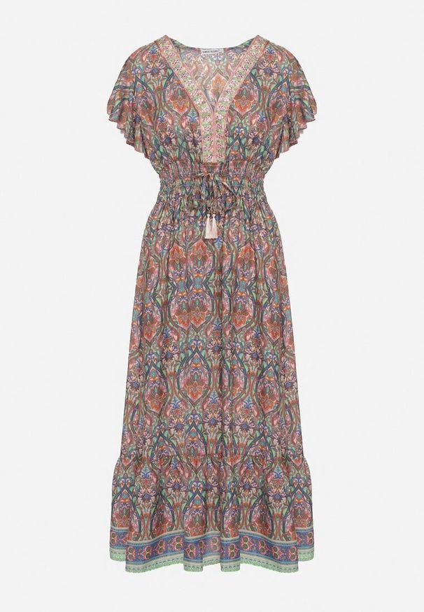 Born2be - Pomarańczowa Sukienka w Stylu Boho z Cienkimi Gumkami w Pasie Ozdobiona Frędzlami Vitessa. Typ kołnierza: dekolt w kształcie V. Kolor: niebieski. Długość rękawa: krótki rękaw. Wzór: aplikacja. Styl: boho