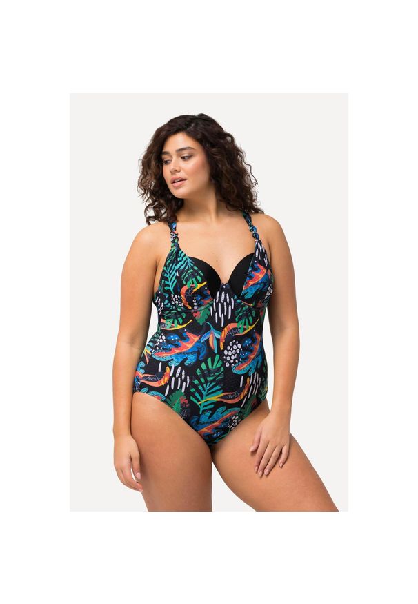 ULLA POPKEN - Damski Kostium kąpielowy błyszczący materiał miękkie miseczki fiszbiny. Kolekcja: plus size. Kolor: czarny. Materiał: materiał, elastan, poliamid