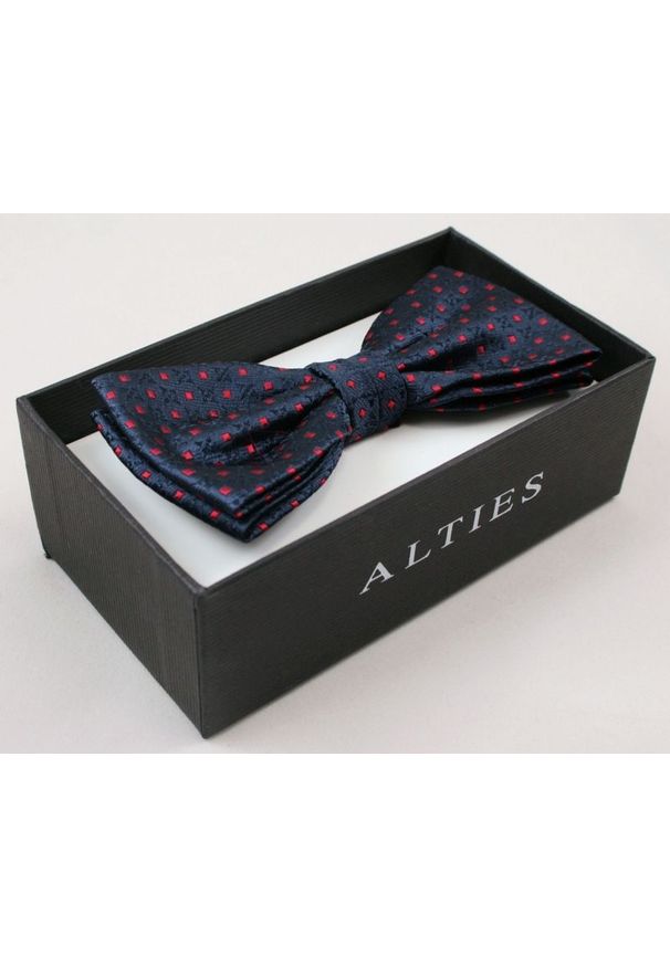 Elegancka Mucha Męska - Alties - Granat, Czerwone Akcenty. Kolor: niebieski. Wzór: grochy. Styl: elegancki