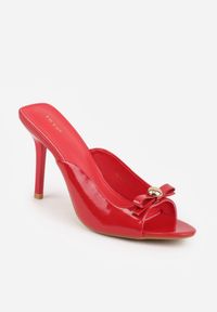 Renee - Czerwone Klapki Lakierowane na Szpilce VICES z Kokardą Daemnila. Okazja: na imprezę. Kolor: czerwony. Materiał: lakier. Sezon: lato. Obcas: na szpilce. Styl: elegancki #9