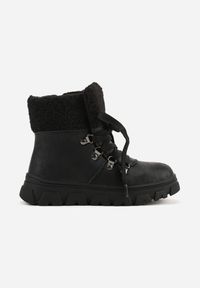 Born2be - Czarne Sznurowane Botki Vices z Kożuszkiem i Tłoczoną Podeszwą Nelianea. Okazja: na uczelnię. Kolor: czarny. Materiał: jeans. Wzór: kolorowy. Sezon: zima, jesień. Styl: klasyczny