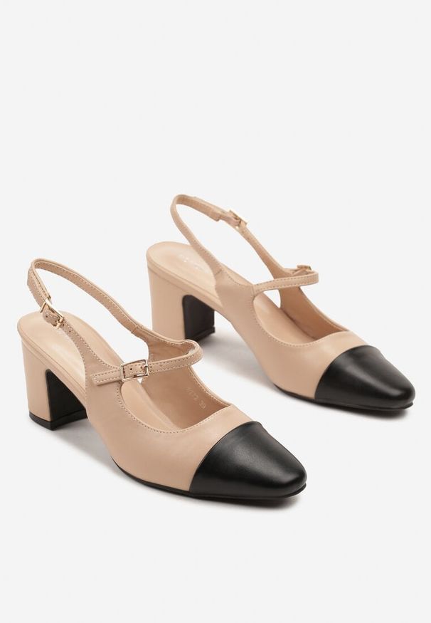Renee - Beżowe Sandały na Słupku Slingback Ozdobione Paskiem Divolia. Zapięcie: pasek. Kolor: beżowy. Wzór: aplikacja. Obcas: na słupku. Styl: elegancki, klasyczny