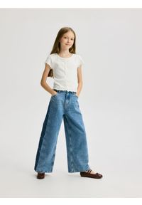 Reserved - Jeansy wide leg z haftem - niebieski. Kolor: niebieski. Wzór: haft