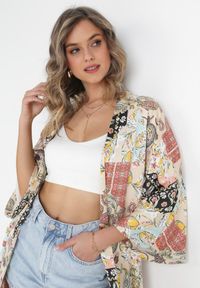 Born2be - Beżowa Kwiecista Narzutka Bluzka Kimono z Wiązaniem w Pasie i Rękawem 3/4 Brunete. Okazja: na co dzień. Kolor: beżowy. Styl: casual