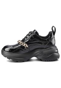 CheBello - Czarne Sneakersy Chebello Damskie Wygodne Obuwie. Zapięcie: sznurówki. Kolor: czarny. Materiał: skóra, lakier. Szerokość cholewki: normalna. Wzór: aplikacja. Styl: glamour, klasyczny