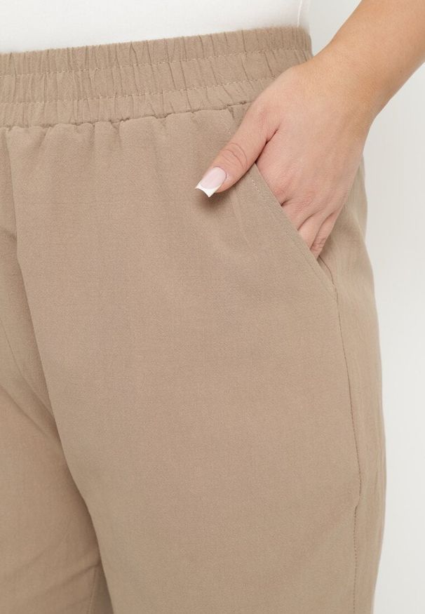 Born2be - Ciemnobeżowe Klasyczne Spodnie Bawełniane z Gumką w Pasie Olozi. Okazja: na co dzień. Kolekcja: plus size. Kolor: beżowy. Materiał: bawełna. Styl: klasyczny