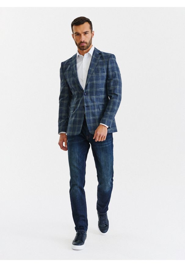 Pako Lorente - PAKO LORENTE – Granatowa casualowa marynarka męska w zieloną kratę. Okazja: na co dzień. Kolor: zielony, niebieski, wielokolorowy. Materiał: poliester, elastan, wiskoza. Styl: casual