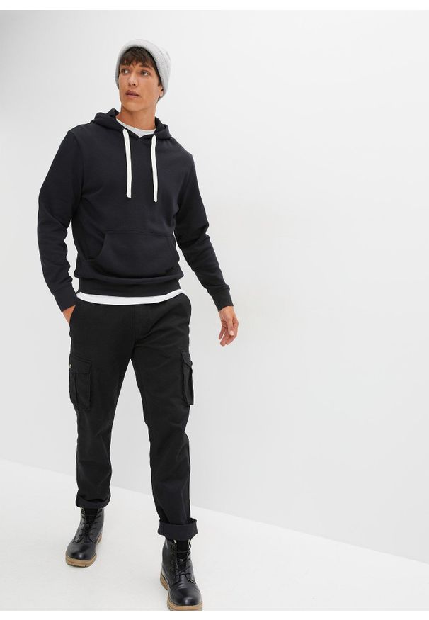bonprix - Bluza z kapturem z czystej bawełny. Typ kołnierza: kaptur. Kolor: czarny. Materiał: bawełna. Wzór: prążki