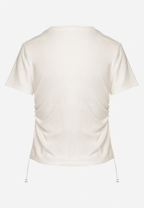 Born2be - Biały T-shirt z Bawełny z Ozdobnym Nadrukiem Troczkami i Cyrkoniami ilretia. Okazja: na co dzień. Kolor: biały. Materiał: bawełna. Wzór: nadruk. Styl: casual