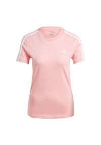 Adidas - Essentials Slim 3-Stripes Tee. Kolor: różowy, biały, wielokolorowy. Sport: taniec, joga i pilates