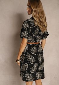 Renee - Czarna Bawełniana Sukienka Koszulowa z Paskiem i Motywem Liści Paredia. Okazja: na co dzień. Kolor: czarny. Materiał: bawełna. Typ sukienki: koszulowe. Styl: klasyczny, elegancki, casual #5
