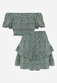 Renee - Zielony Komplet w Kwiaty 2-Częściowy Top w Stylu Hiszpanki i Spódnica z Falbanką Crispa. Kolor: zielony. Materiał: materiał. Wzór: kwiaty #4