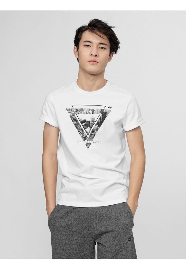 4f - T-shirt męski. Kolor: biały. Materiał: dzianina, bawełna