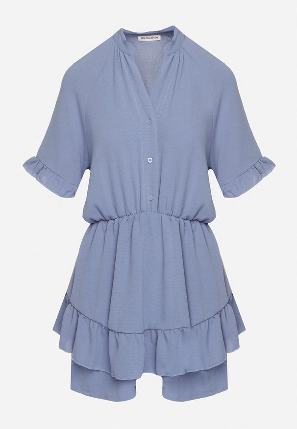 Born2be - Niebieski Taliowany Kombinezon z Gumką w Talii i Ozdobną Falbanką przy Rękawach Nanselena. Kolor: niebieski. Długość rękawa: krótki rękaw. Długość: krótkie. Styl: elegancki