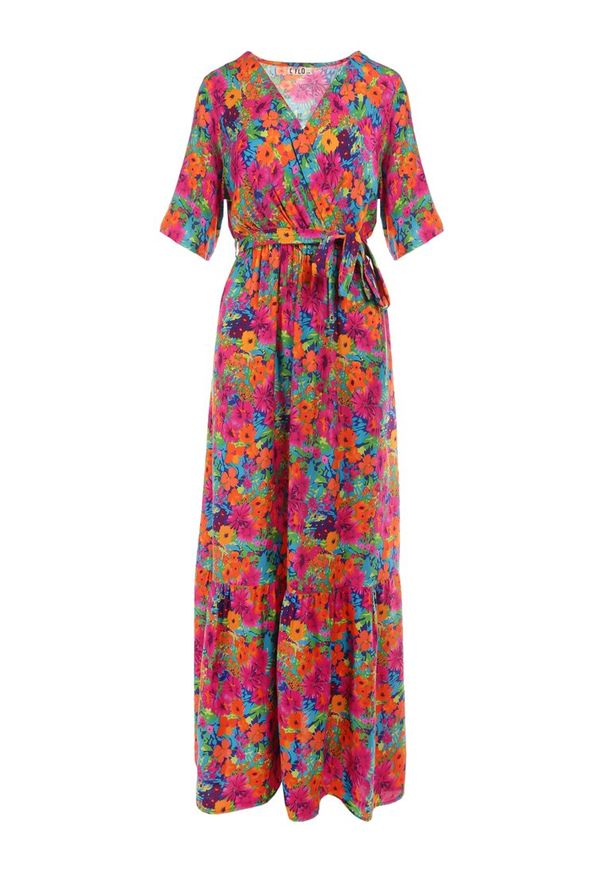 Born2be - Różowa Sukienka z Wiskozy Cliera. Okazja: na imprezę. Kolor: różowy. Materiał: wiskoza. Wzór: kolorowy, aplikacja, kwiaty. Sezon: lato. Typ sukienki: kopertowe. Styl: retro, elegancki. Długość: maxi