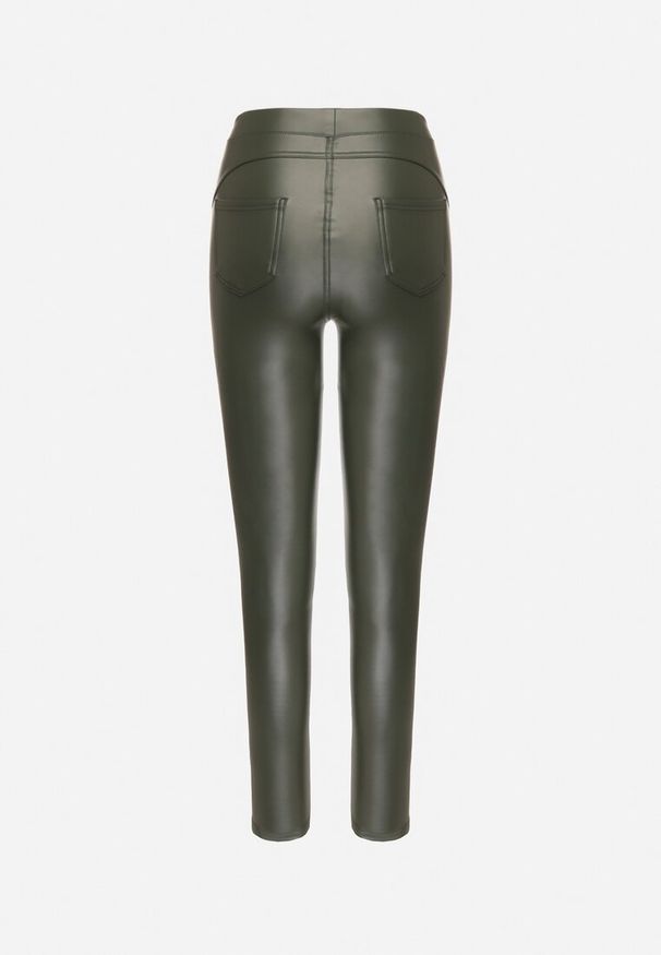 Born2be - Ciemnozielone Legginsy z Ekoskóry z Wysokim Stanem i Imitacją Kieszeni Merievia. Stan: podwyższony. Kolor: zielony. Sezon: zima
