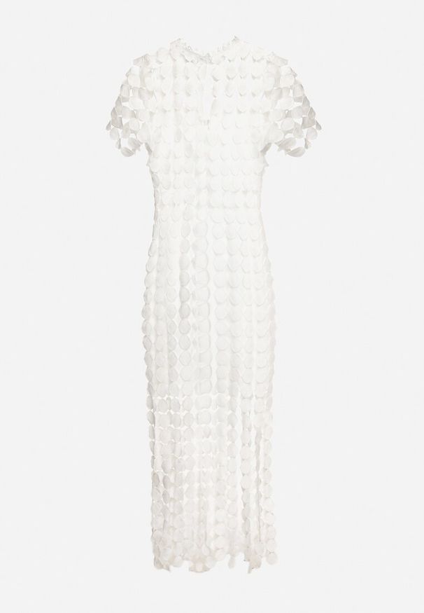 Born2be - Biała Ażurowa Dopasowana Sukienka Koktajlowa z Frędzlami Zapinana na Suwak Vimereas. Okazja: na co dzień. Kolor: biały. Materiał: jeans. Wzór: ażurowy. Typ sukienki: dopasowane. Styl: wizytowy