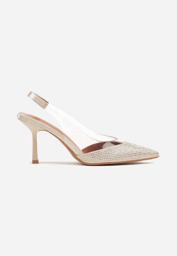 Renee - Złote Sandały Slingback na Obcasie z Przezroczystą Wstawką i Cyrkoniami Senoreth. Okazja: na imprezę. Kolor: złoty. Materiał: jeans. Obcas: na obcasie. Styl: elegancki. Wysokość obcasa: średni