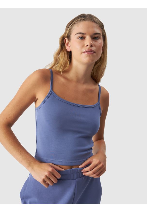 4f - 4F Crop-top slim gładki z modalem damski - granatowy XL. Kolor: niebieski. Materiał: jersey, syntetyk, materiał, dzianina. Długość rękawa: na ramiączkach. Wzór: gładki