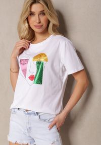 Renee - Biały T-shirt z Bawełny z Krótkim Rękawem Ozdobiony Nadrukiem Lavessa. Okazja: na co dzień. Kolor: biały. Materiał: bawełna. Długość rękawa: krótki rękaw. Długość: krótkie. Wzór: nadruk, aplikacja. Styl: casual, elegancki, sportowy