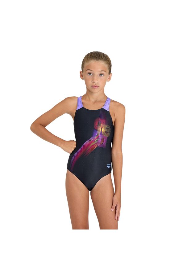 Dziewczęcy jednoczęściowy kostium kąpielowy Arena Parrot V Back. Kolor: niebieski, wielokolorowy, czarny