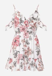 Renee - Biała Rozkloszowana Sukienka w Kwiaty z Falbanami Nonare. Typ kołnierza: kołnierz z falbankami, dekolt kopertowy. Kolor: biały. Długość rękawa: na ramiączkach. Wzór: kwiaty. Typ sukienki: kopertowe. Długość: mini #2